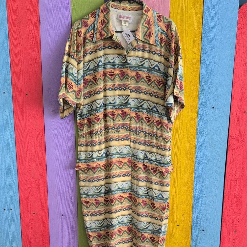 Maggy London Yellow and Blue Casual Dress with Button Down Style